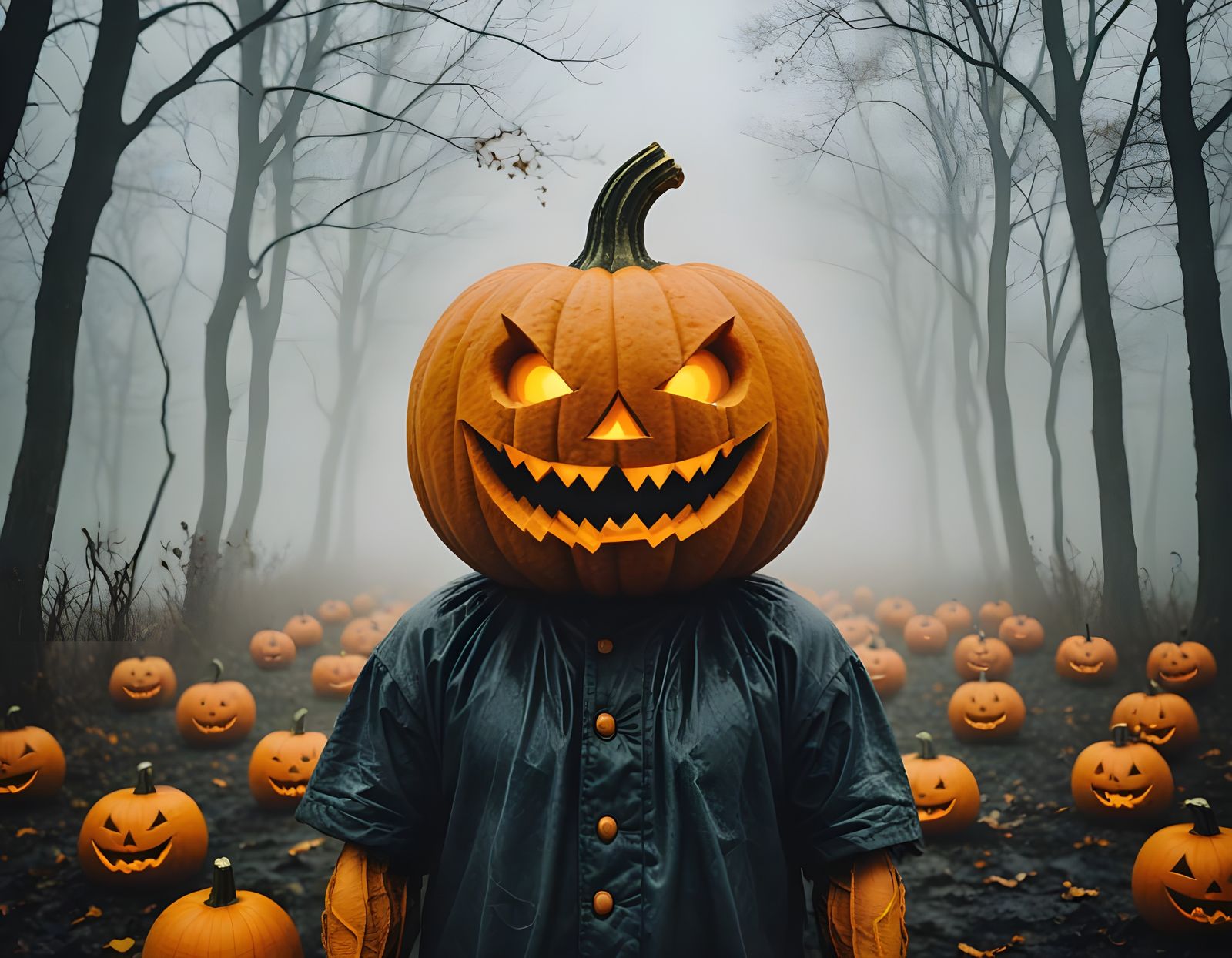 Surreal Pumpkin Head Monster Smiles in Mysterious Fog