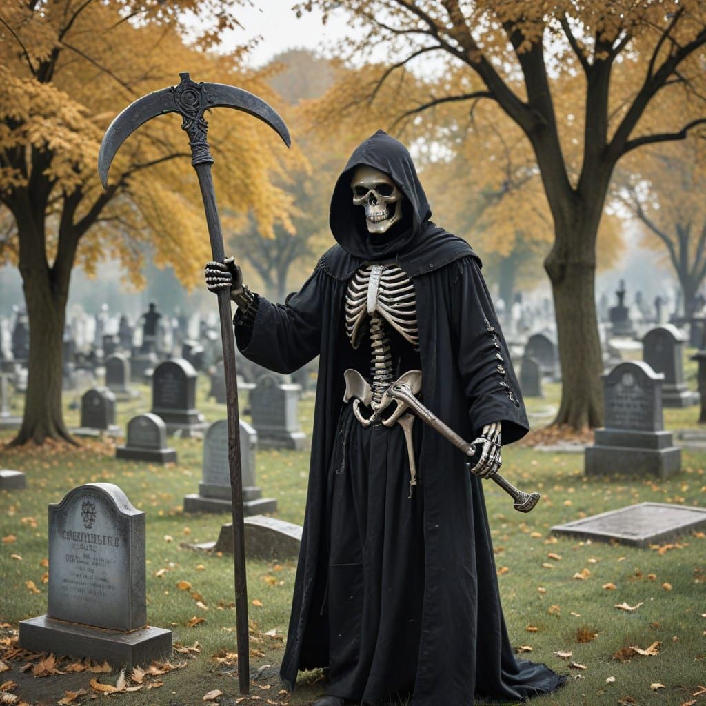 Grim Reaper with Scythe in Cemetery