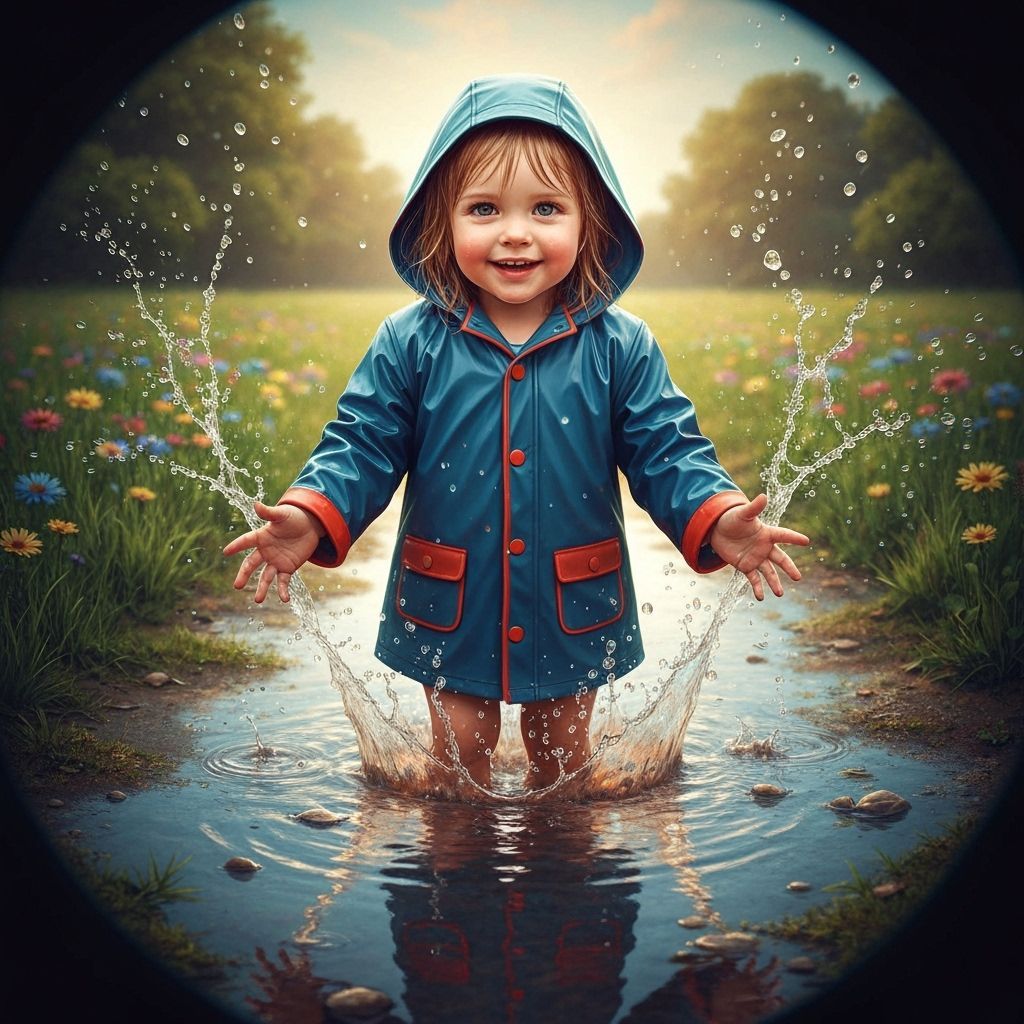 Happy Child Splashing in Rainy Sunshine