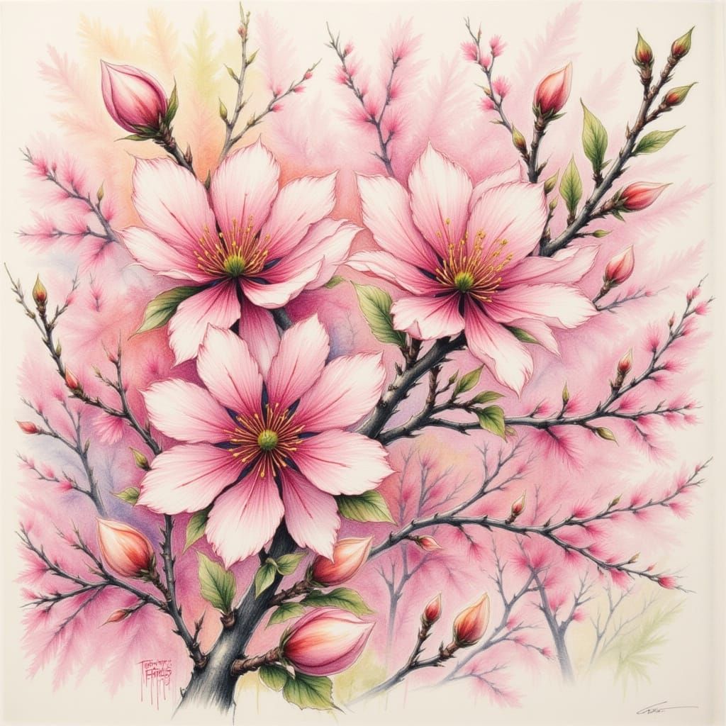 Apple Blossom in Vibrant Pink, Colored Pencil Style