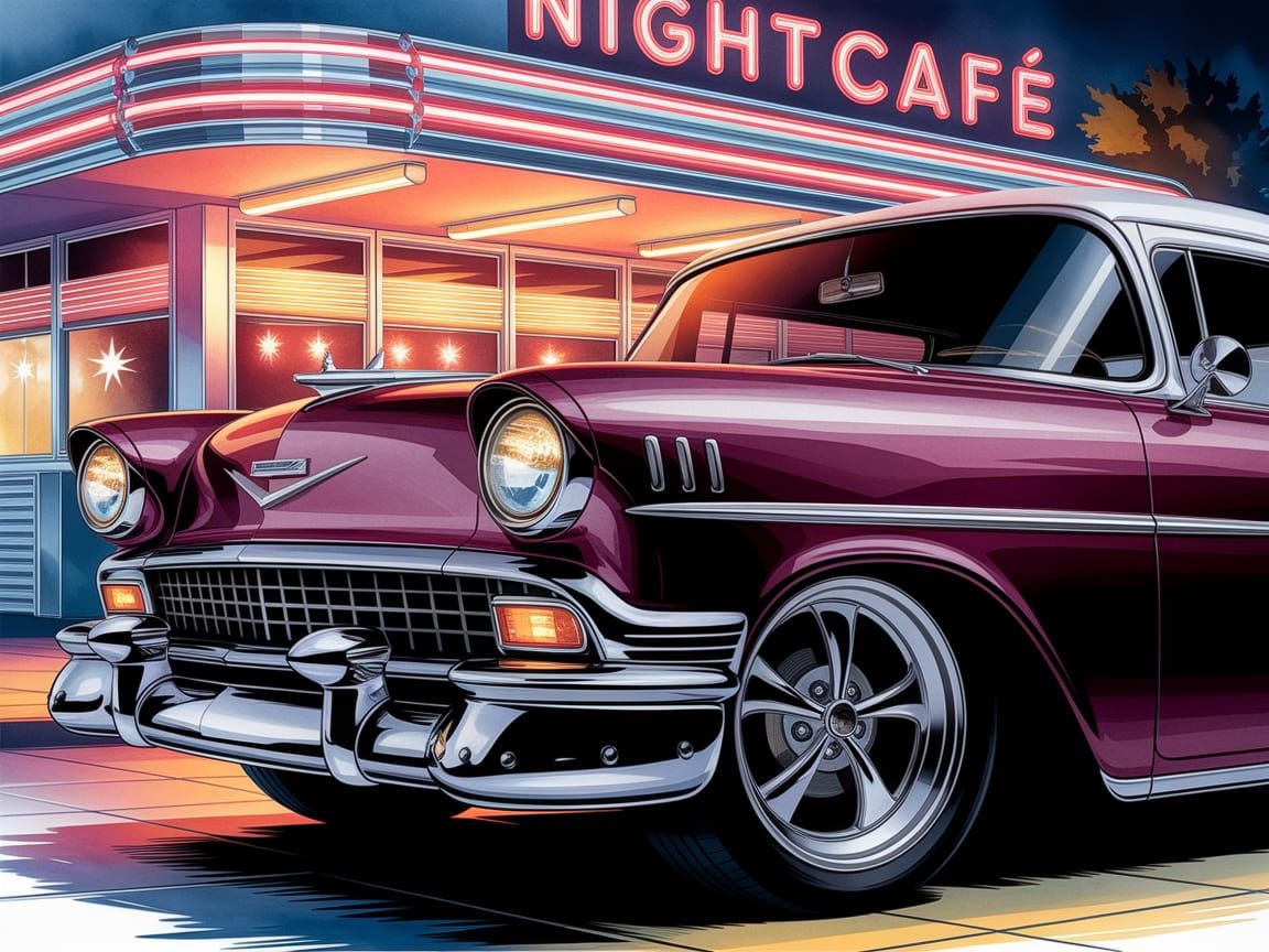 Vintage Chrome American Car in Neon-Lit Night Cafe