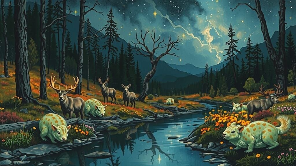 Enchanting Forest Creatures Under Starry Night Sky