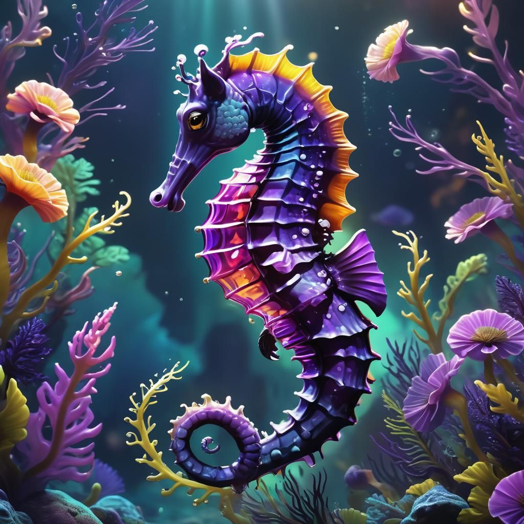 Exotic Seahorse with Purple Anemones in Vivid Color