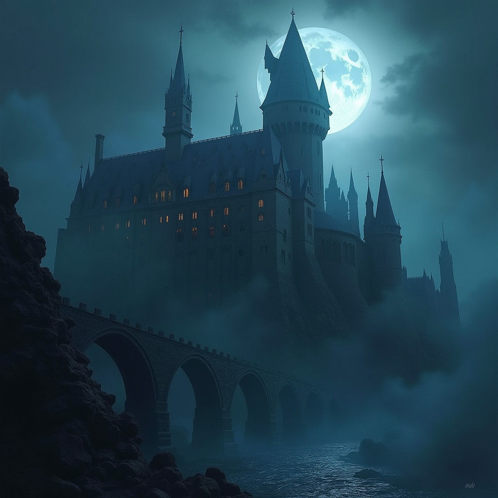 Eerie Gothic Castle Bathed in Moonlight as Matte Painting
