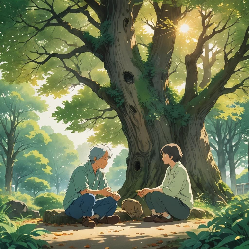 Romantic Ghibli-Inspired Scene of Couple Under Tree