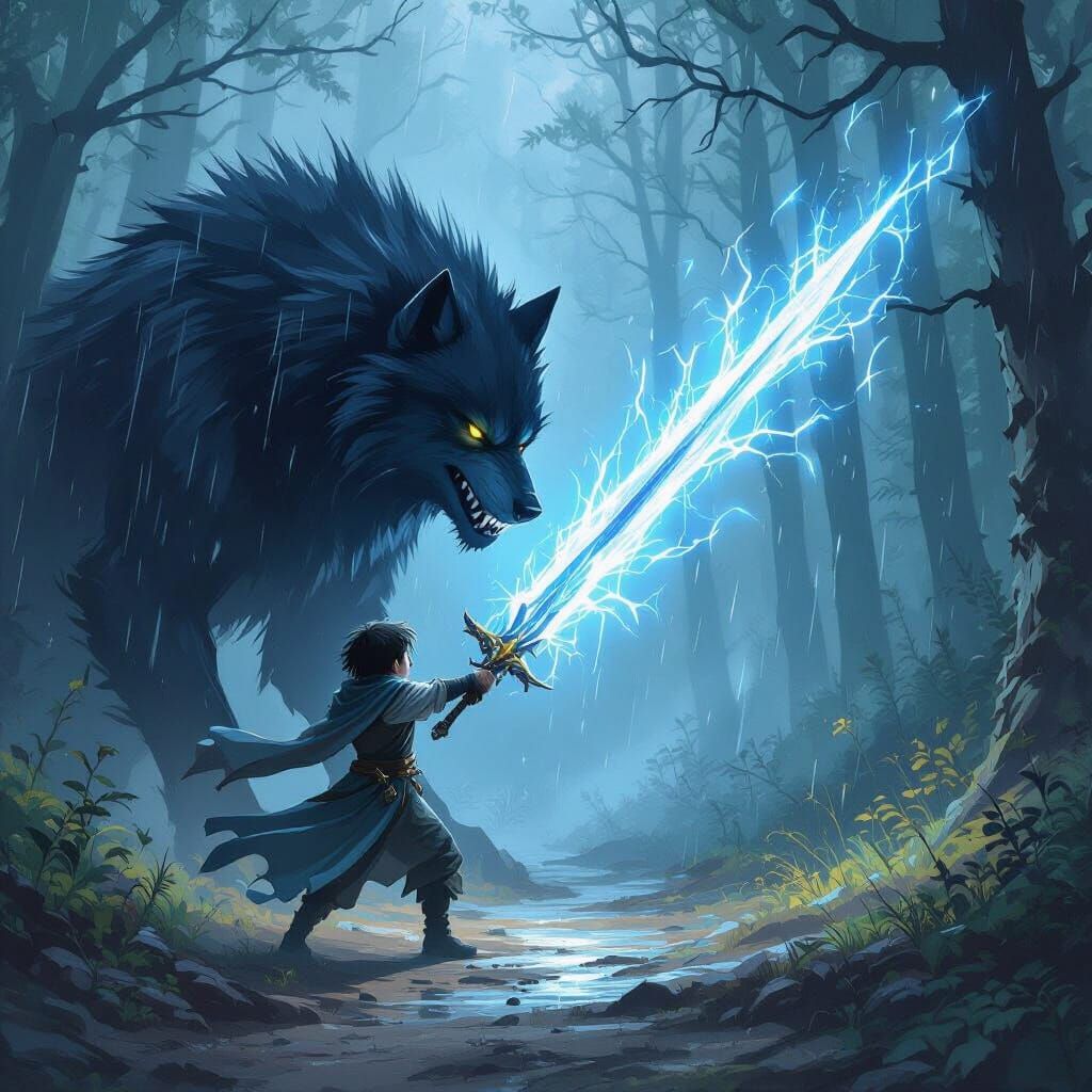 Epic Fantasy Art: Boy Battles Giant Wolf with Magic Sword