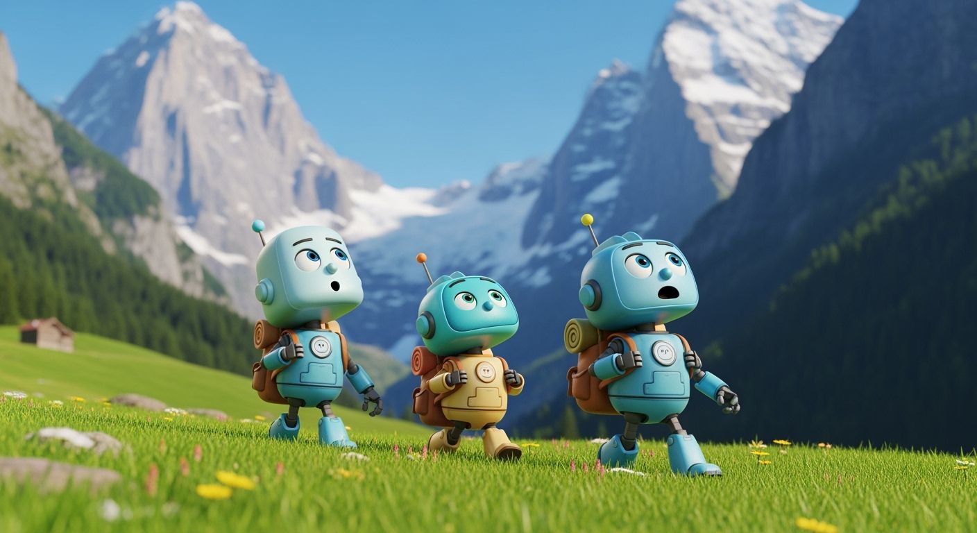 Whimsical Robots Trek Through Alpine Meadow in 3D Anime Styl...