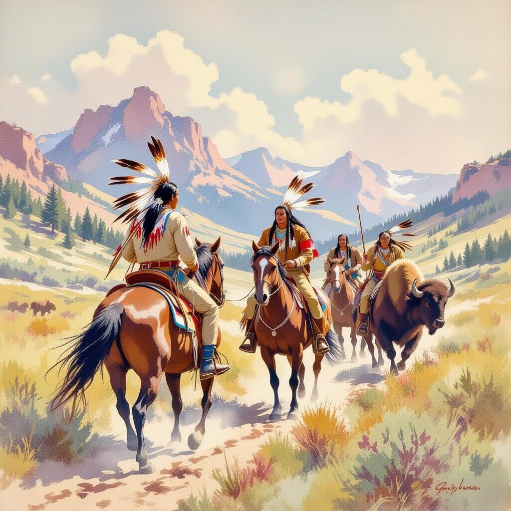 Native American Warriors on Horseback in Buffalo Hunt Scene