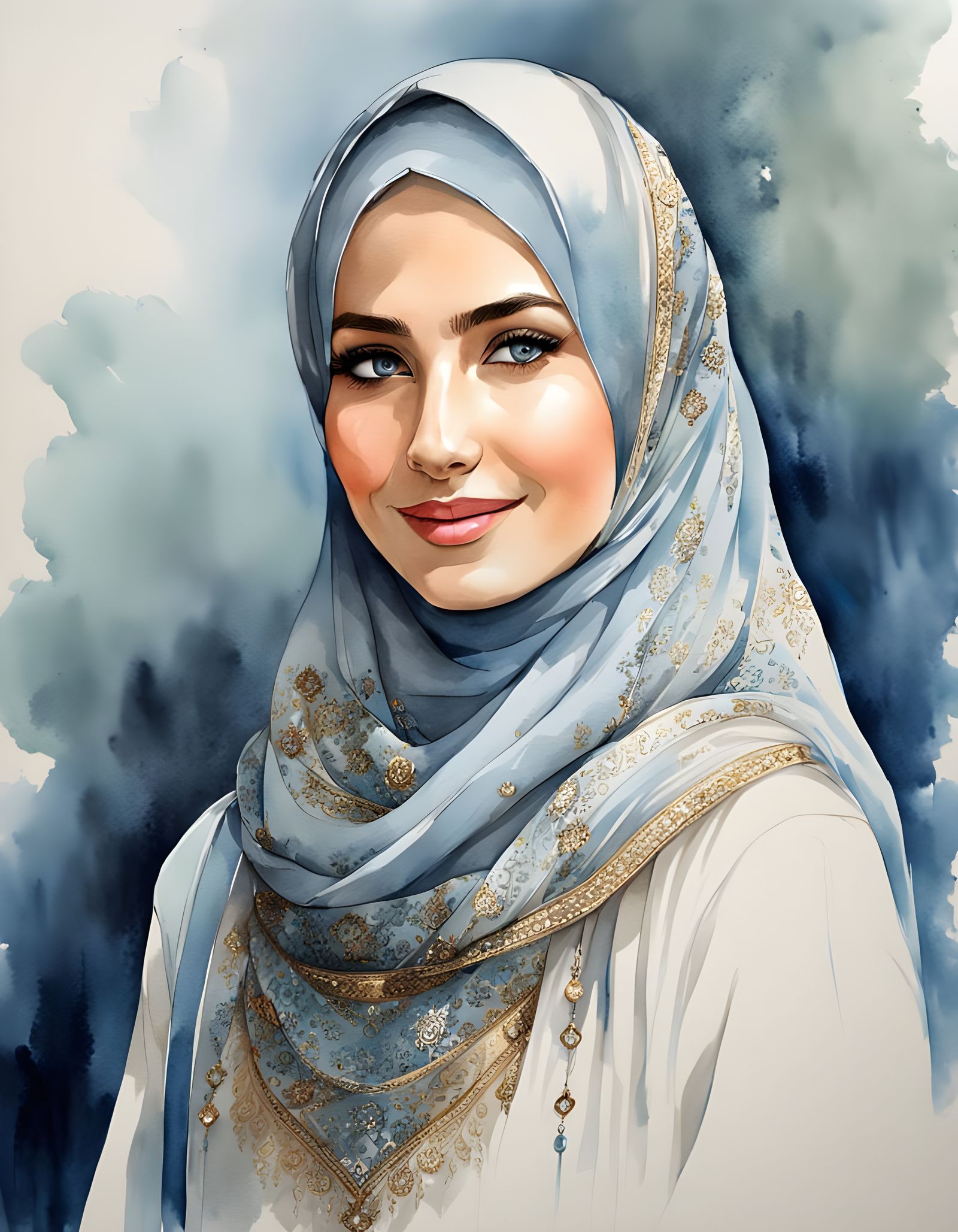 German Woman in Elegant Hijab with Watercolor Colors