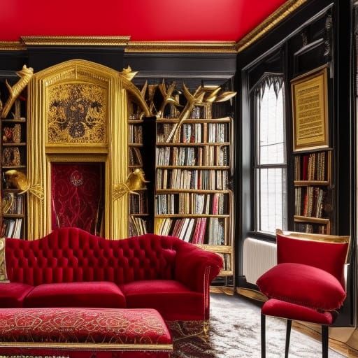 Gothic Harry Potter themed penthouse with red& Gold walls& Black frames& magical gothic red furniture& Gold pillows& Gol...