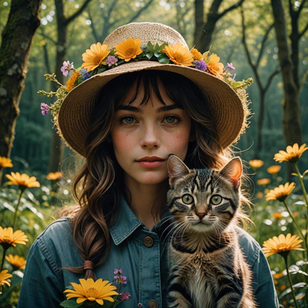 Whimsical Fairy and Feline in Vibrant Bloom