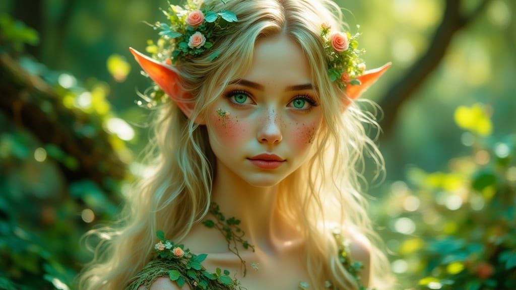 Mystical Elf Maiden in Enchanted Forest, Painterly Realism