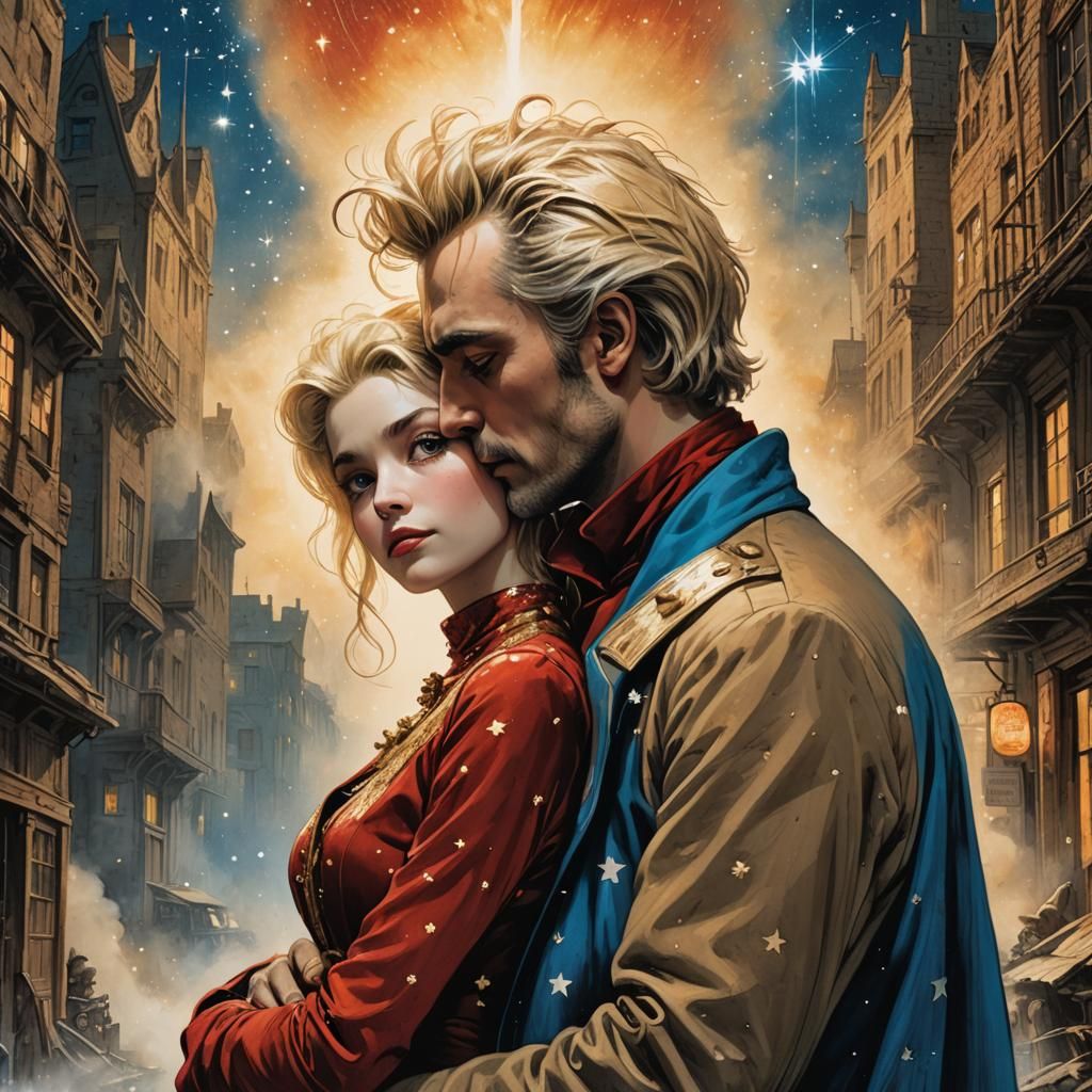 Blonde in Red Outfit Kissed in Sepia Comic Art