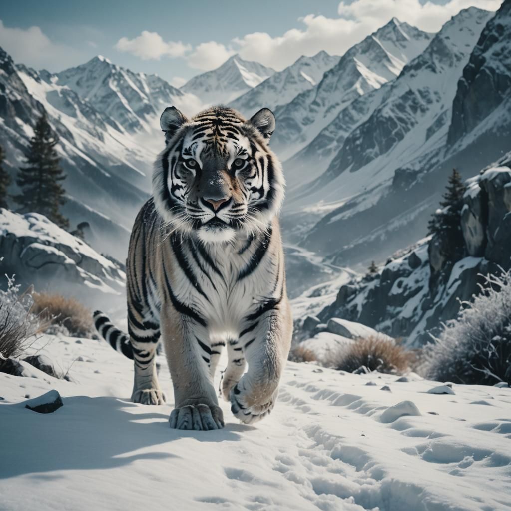 Snow Tiger in Snowy Mountains: Cinematic Film Still