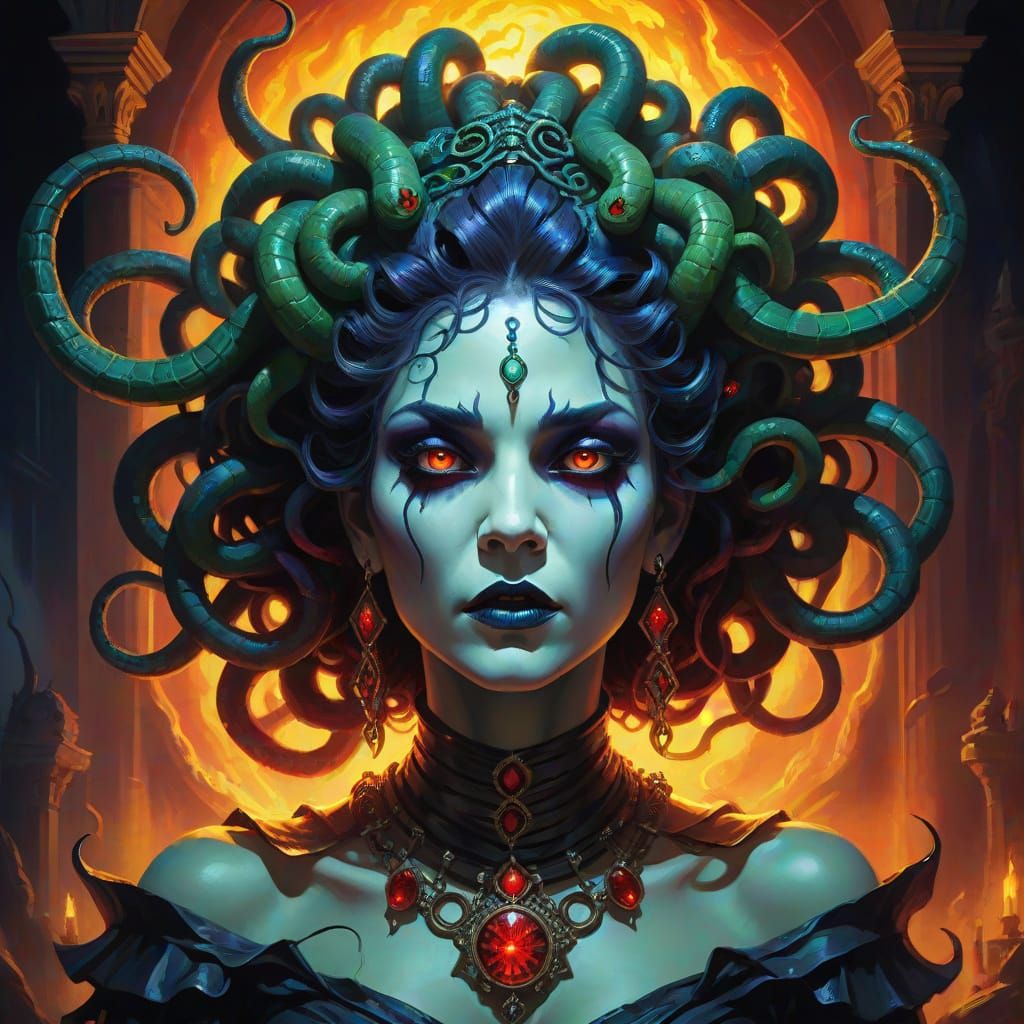 Medusa Vampire Concept Art in Vibrant Oil Painting