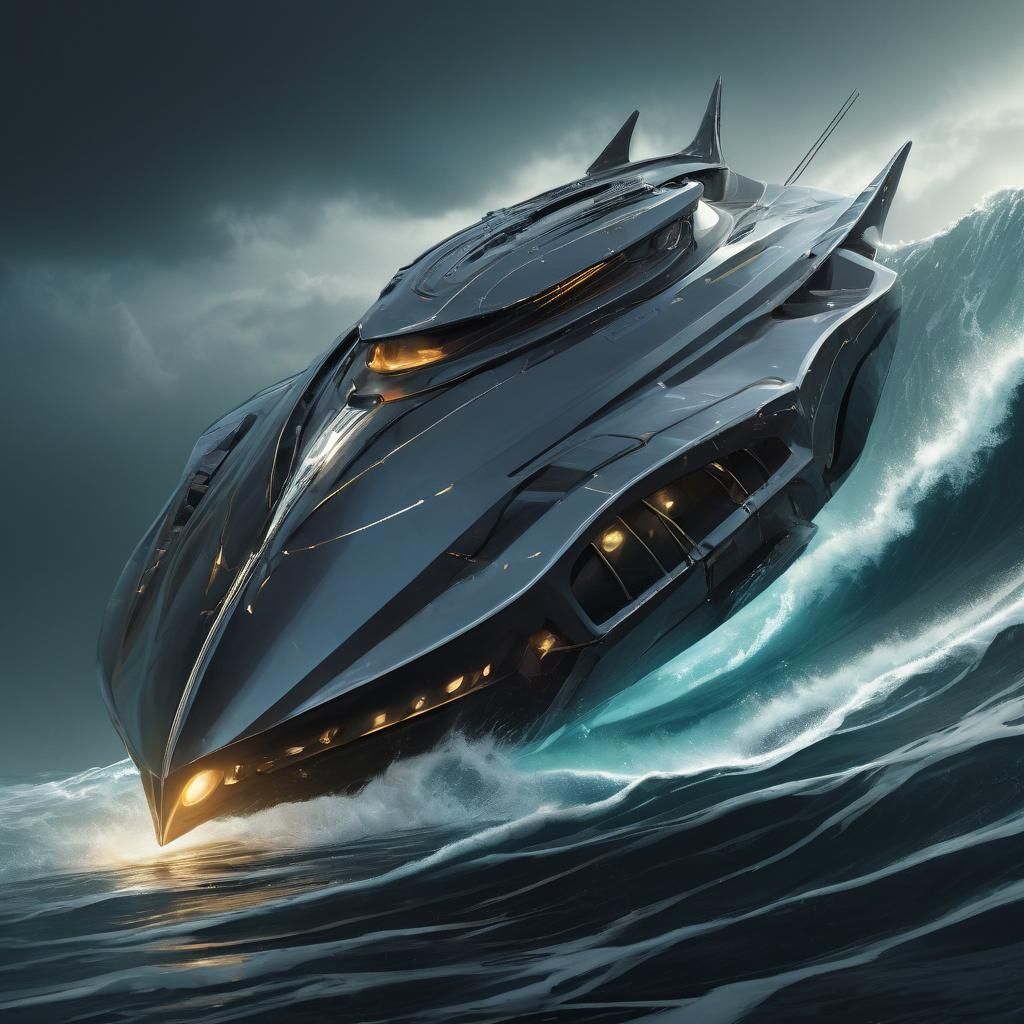 Futuristic Metal Boat on Waves in Cyberpunk Style