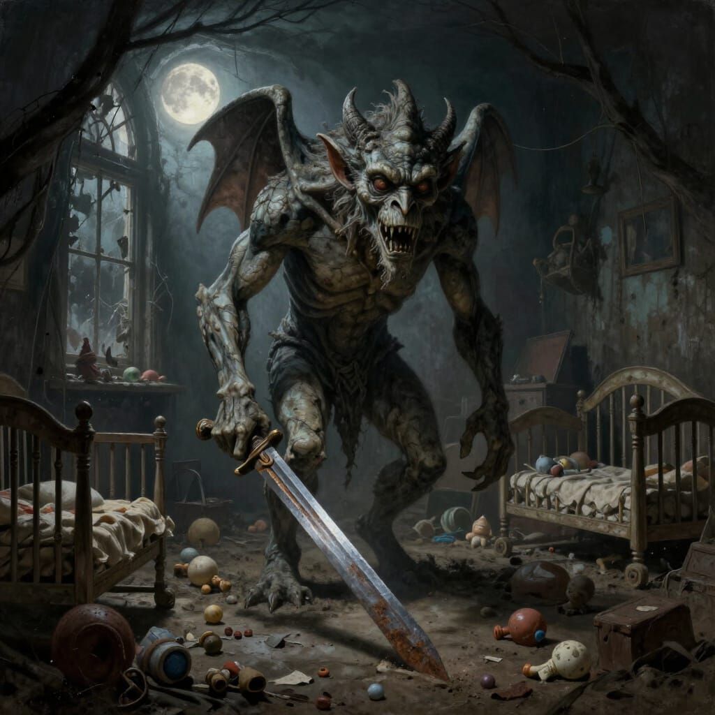 Gargoyle Charges Viewer with Sword in Dark Nursery
