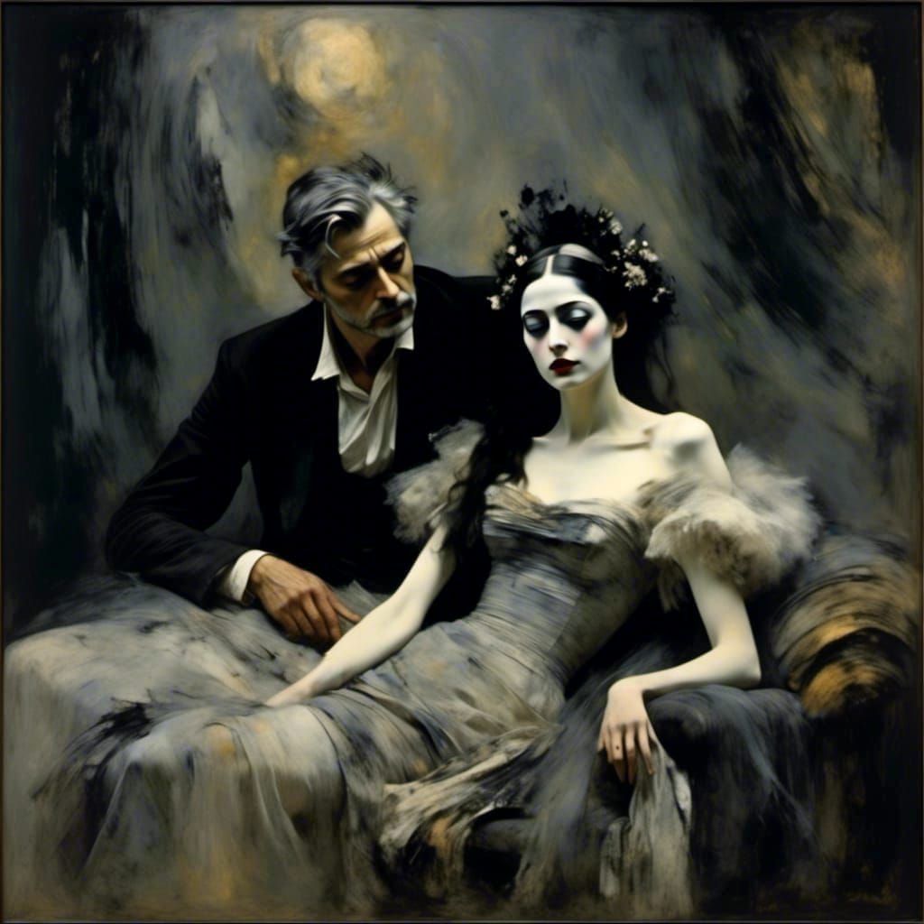 Painted Portrait of Woman in Grey Dress