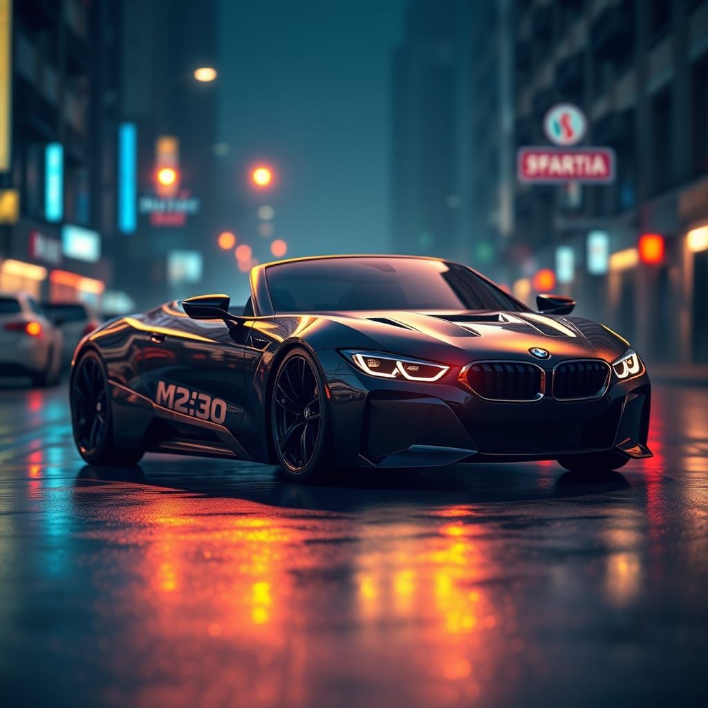 Sleek Futuristic BMW in Neon-Lit Cityscape