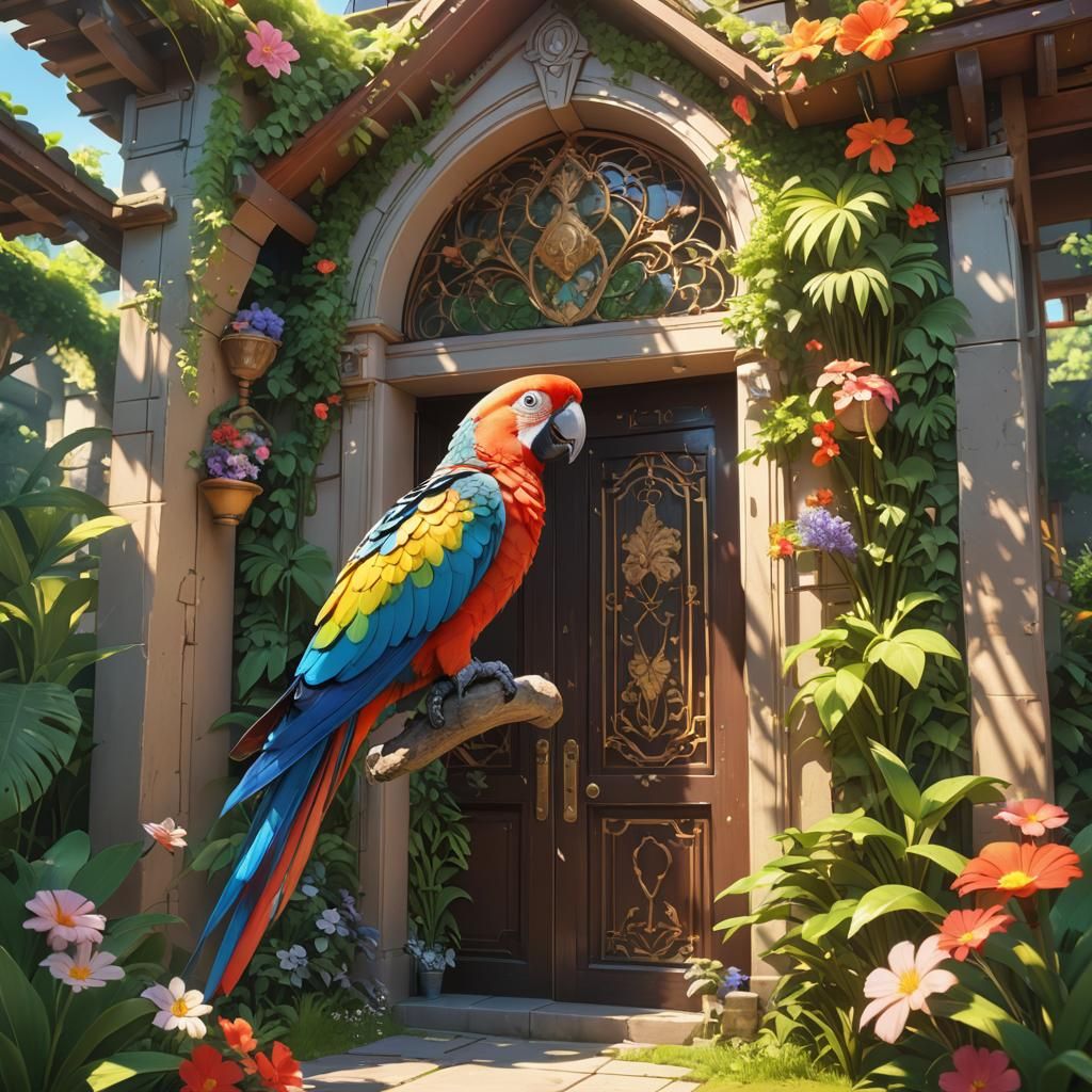 Parrot's Ornate House in Lush Garden: 3D Anime Art