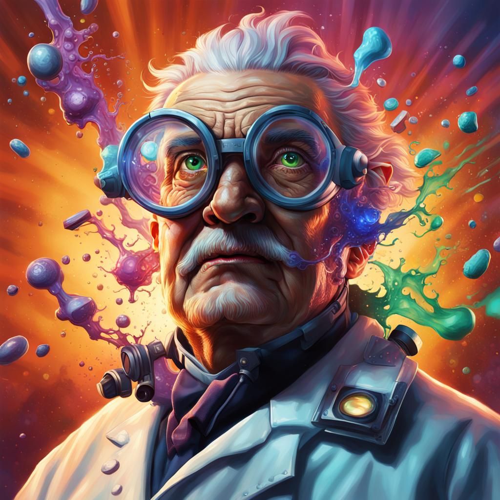 Hyperrealistic Mad Scientist Portrait with Colorful Accents
