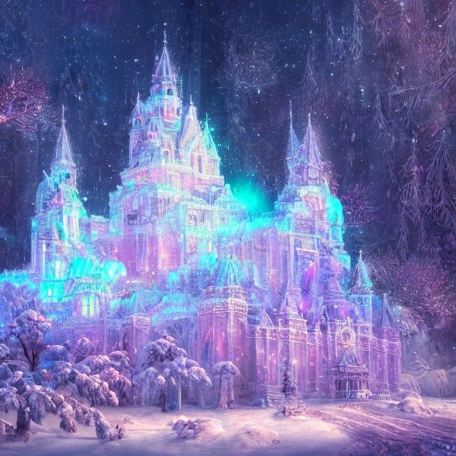 Ethereal Crystal Castle in Winter: Digital Painting
