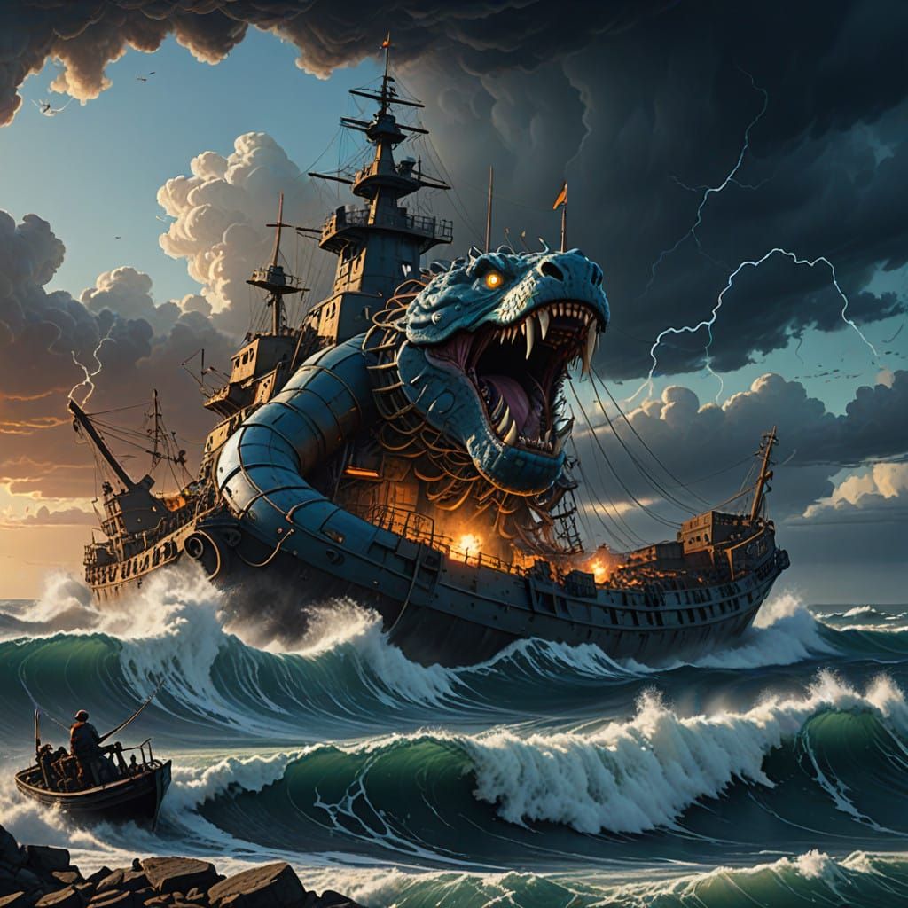 Gargantuan Serpent-Like Creature Emerges from Turbulent Ocea...