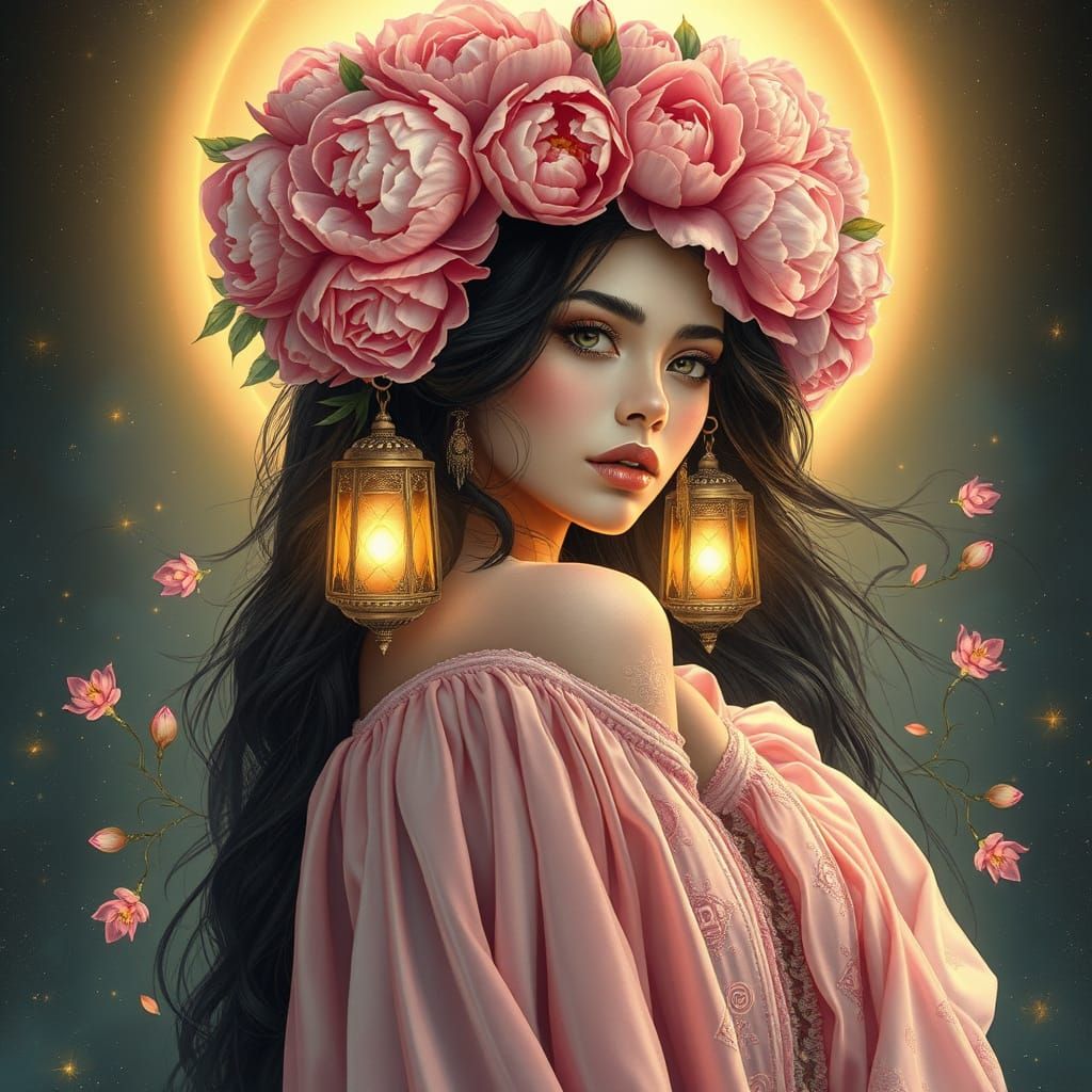 Ethereal Goddess of Desire in Lavish Pink Velvet Attire