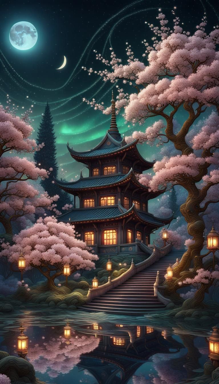 Temple at Night with Cherry Blossoms and Aurora