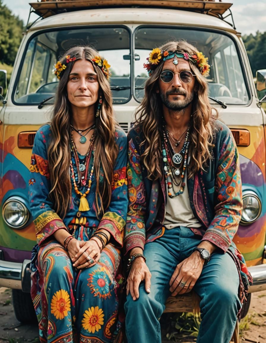 Hippie Couple with Colorful Hair and VW Bus
