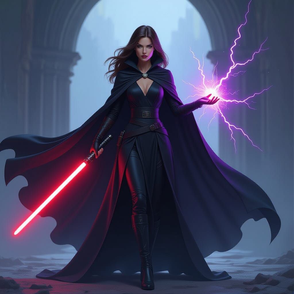 Sith Sorceress Wields Red Lightsaber and Purple Lightning