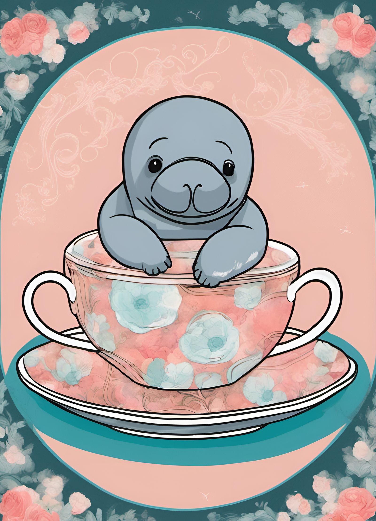 Manatee in Inflatable Teacup with Plush Background
