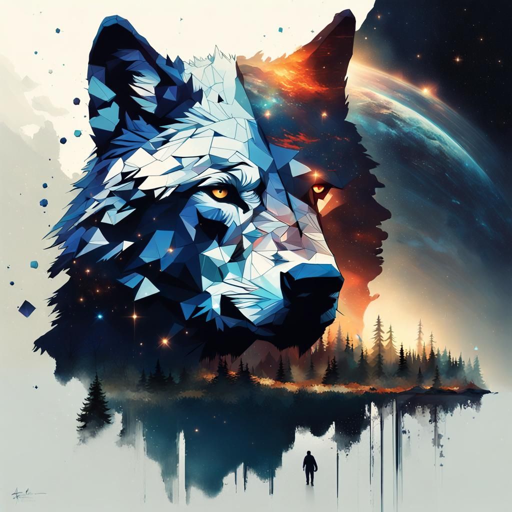 Wolf Silhouette Double Exposure Galaxy Art