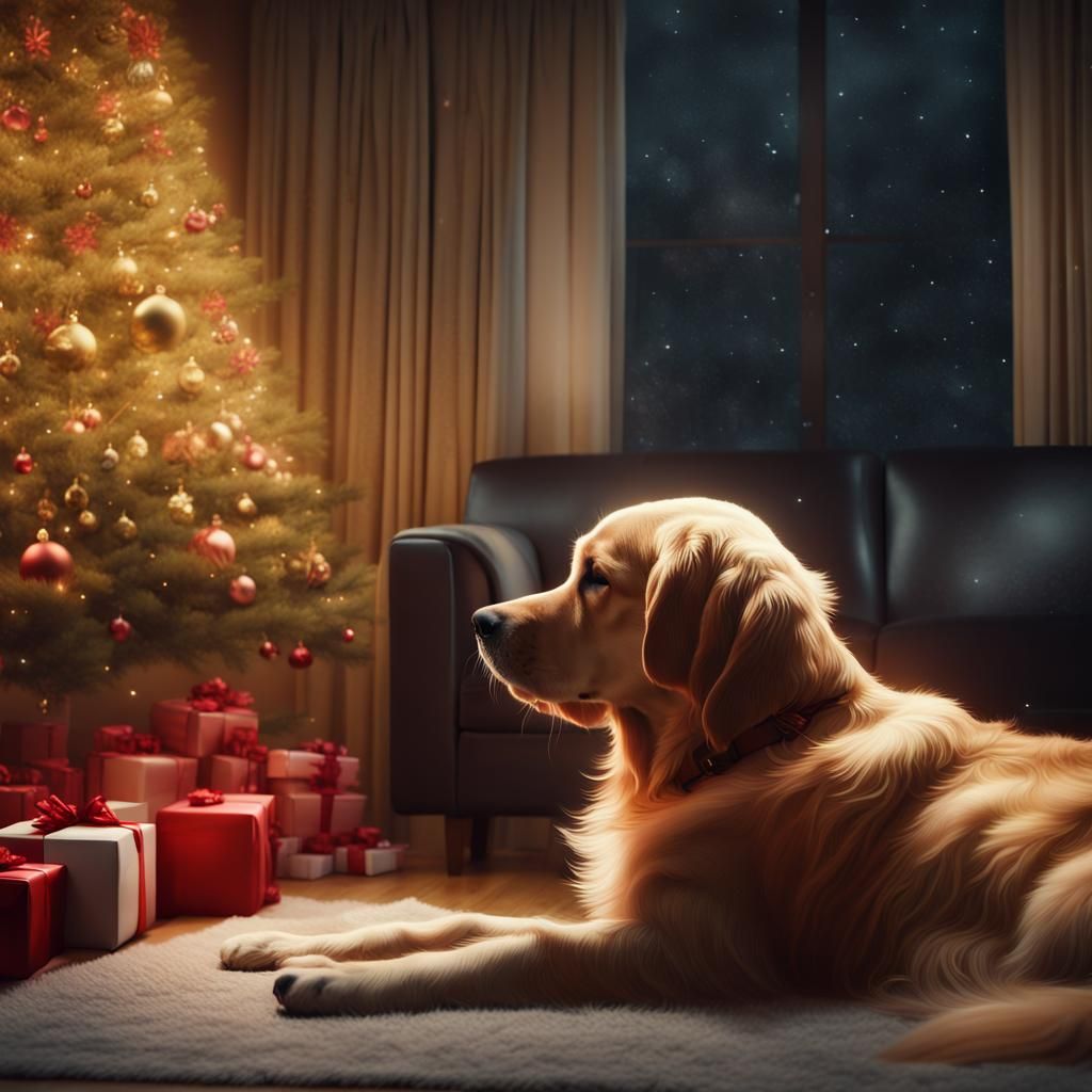 Sad Golden Retriever and Christmas Tree, Cinematic