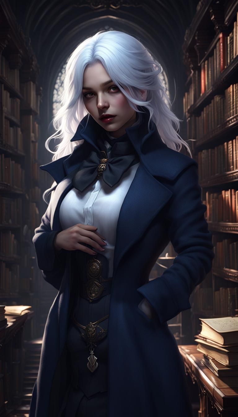 Gothic Library Portrait of Girl with White Hair