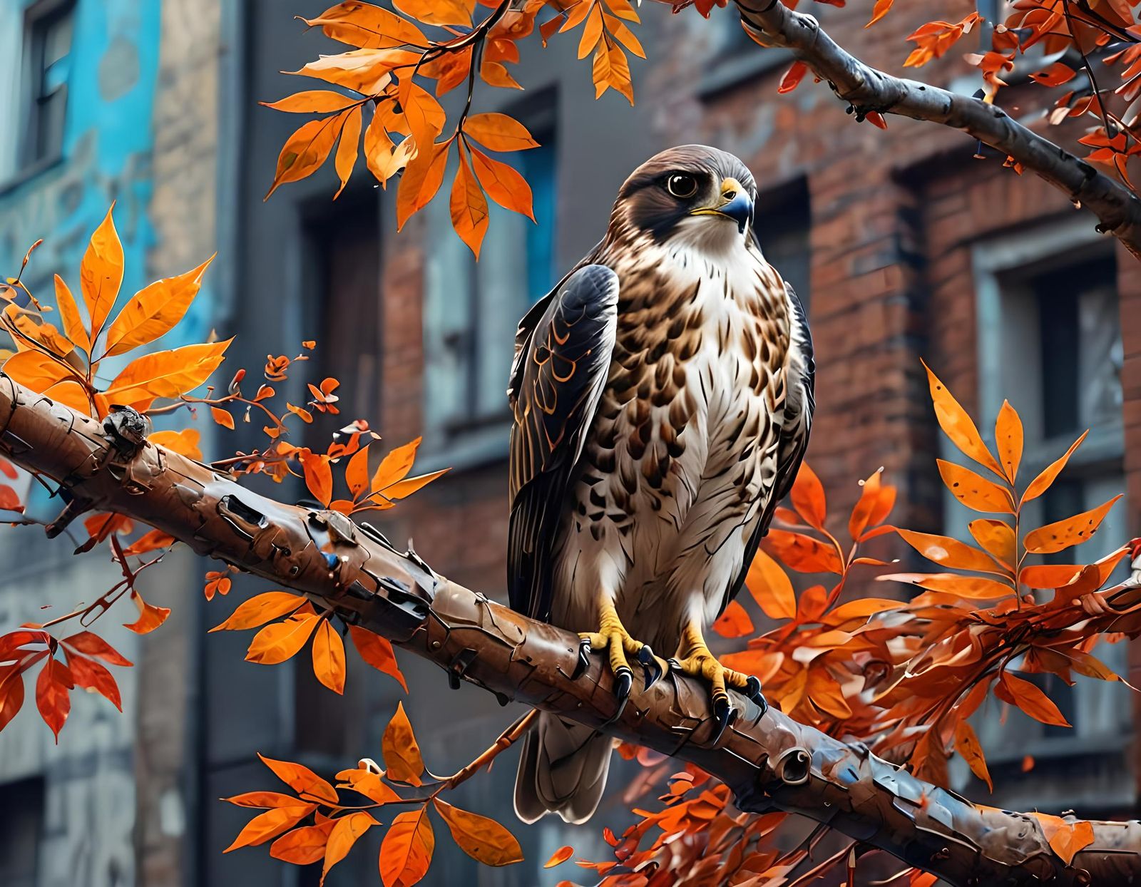 Vibrant Autumn Falcon in Street Art Style