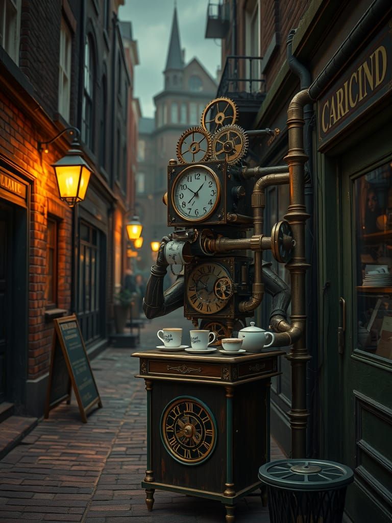 Clockwork Automaton Serves Coffee in Moody Victorian Alley