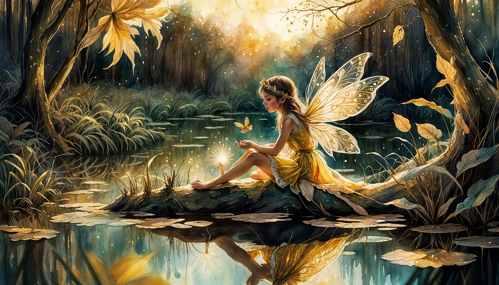 Golden Fairy pondering - watercolour