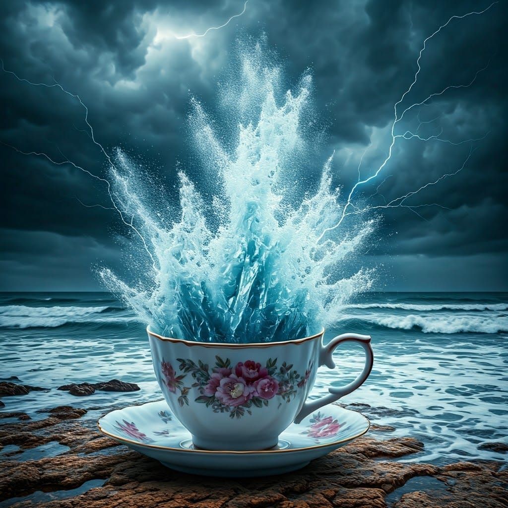 Turbulent Teacup Sea Crashing on Rocky Coast