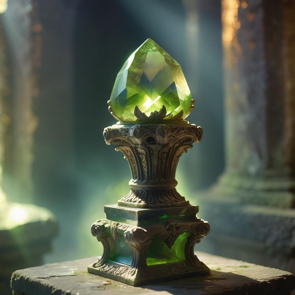 Glowing Peridot Gemstone in Mystical Temple