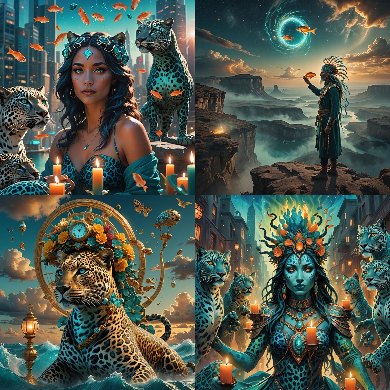 Mystical Tree with Panther Guardian in Teal Light