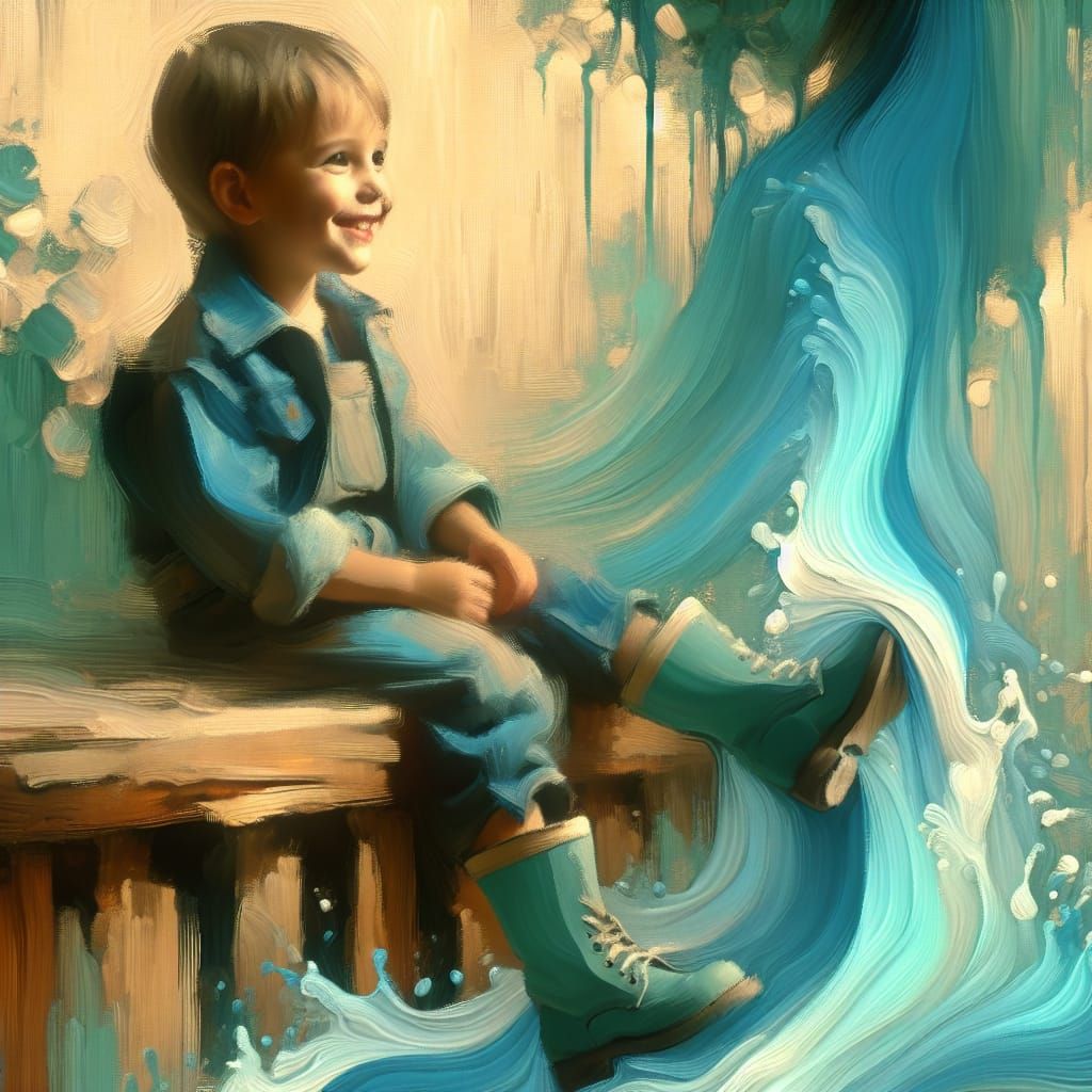 Child's Warm Smile with Flowing Turquoise Silk