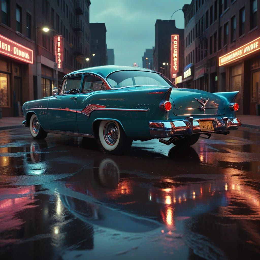 1950s Muscle Car on Neon Street in Retrofuturistic Style