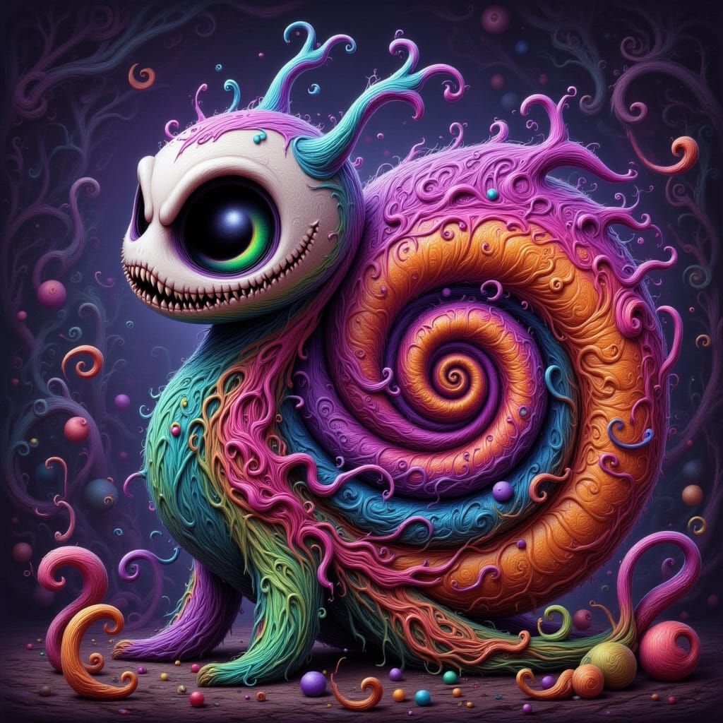 Fluffy Whimsical Cat-Snail Hybrid in Whimsical Style