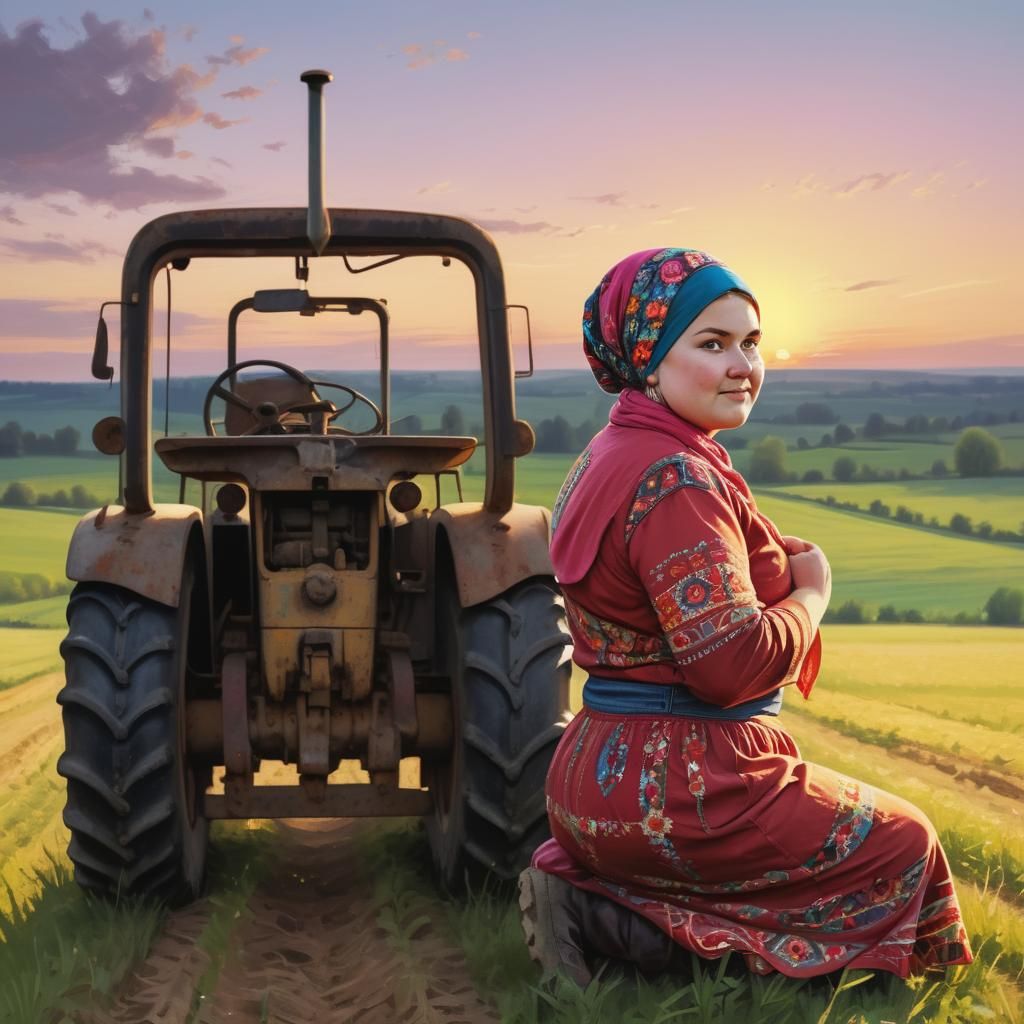 Happy Woman with Tractor in Abstract Sunset Field
