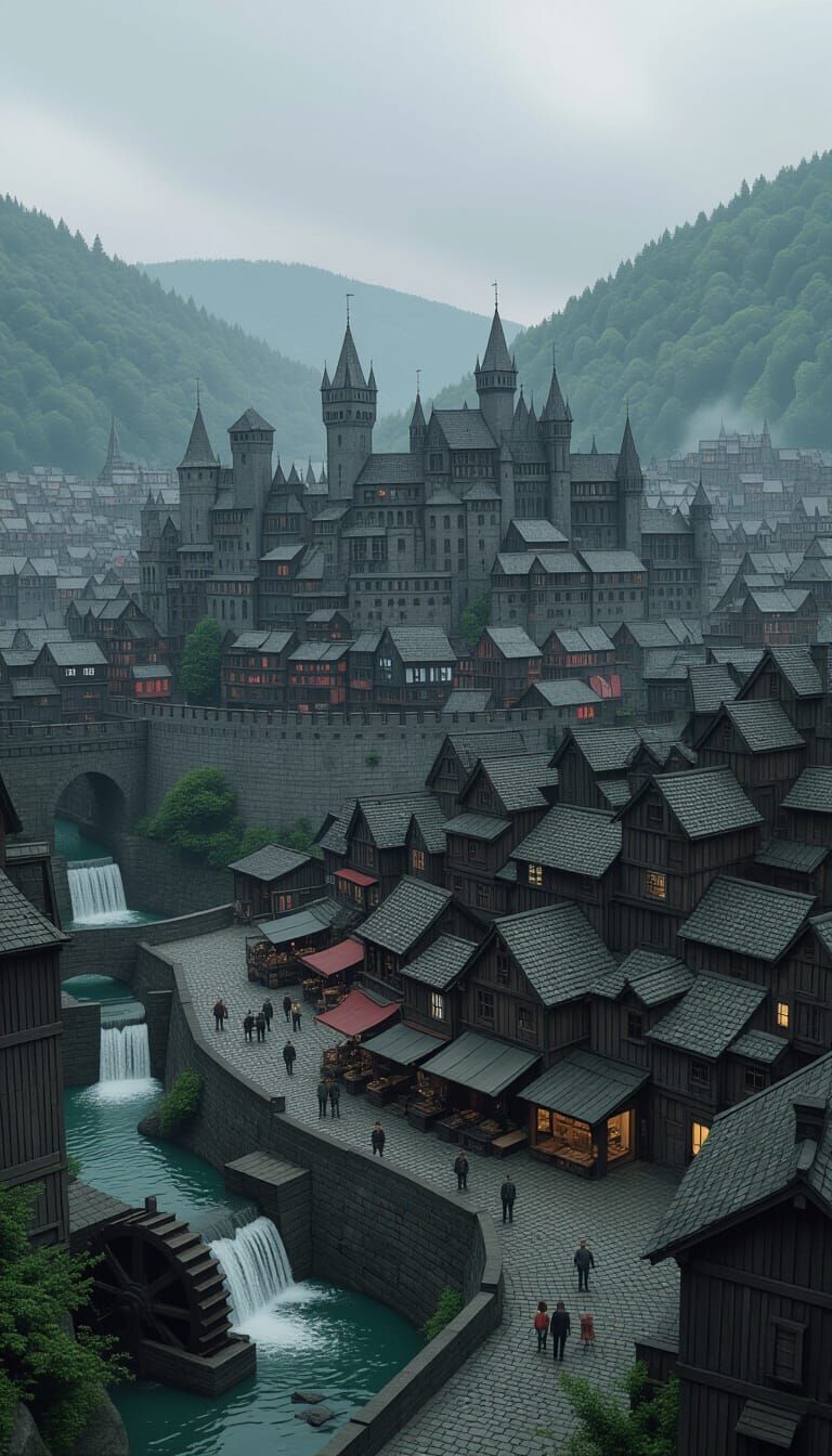Grim Medieval Metropolis in Grayscale Matte Painting