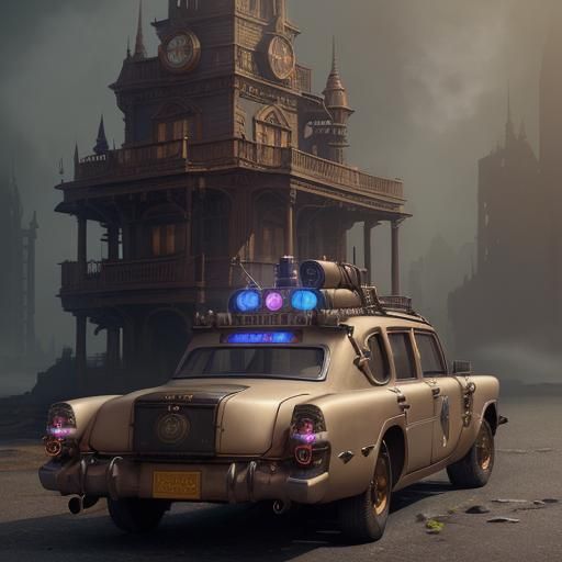 Ghostbusters Car in Steampunk Style, Detailed Digital Art