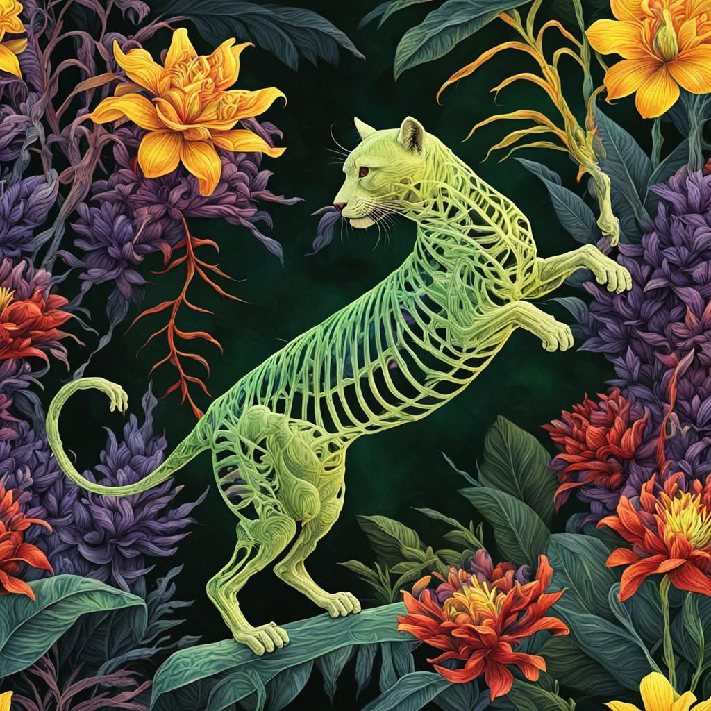 Glass Skeleton Puma Leaping in Surreal Botanical Scene