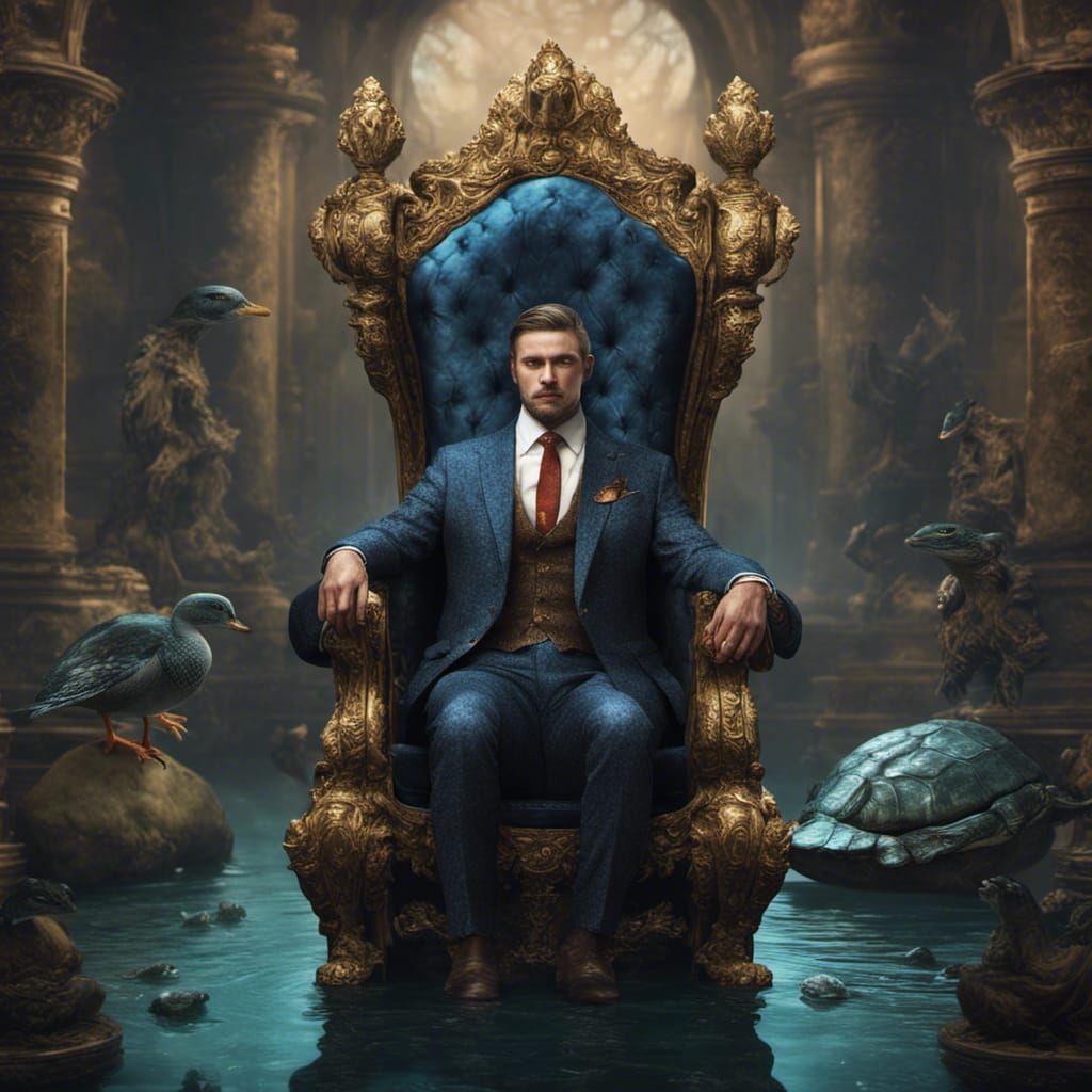 Duck Turtle Fish Warrior King: Detailed Digital Painting