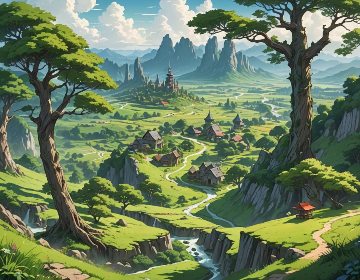 Lush Fantasy Landscape with Asian Villages